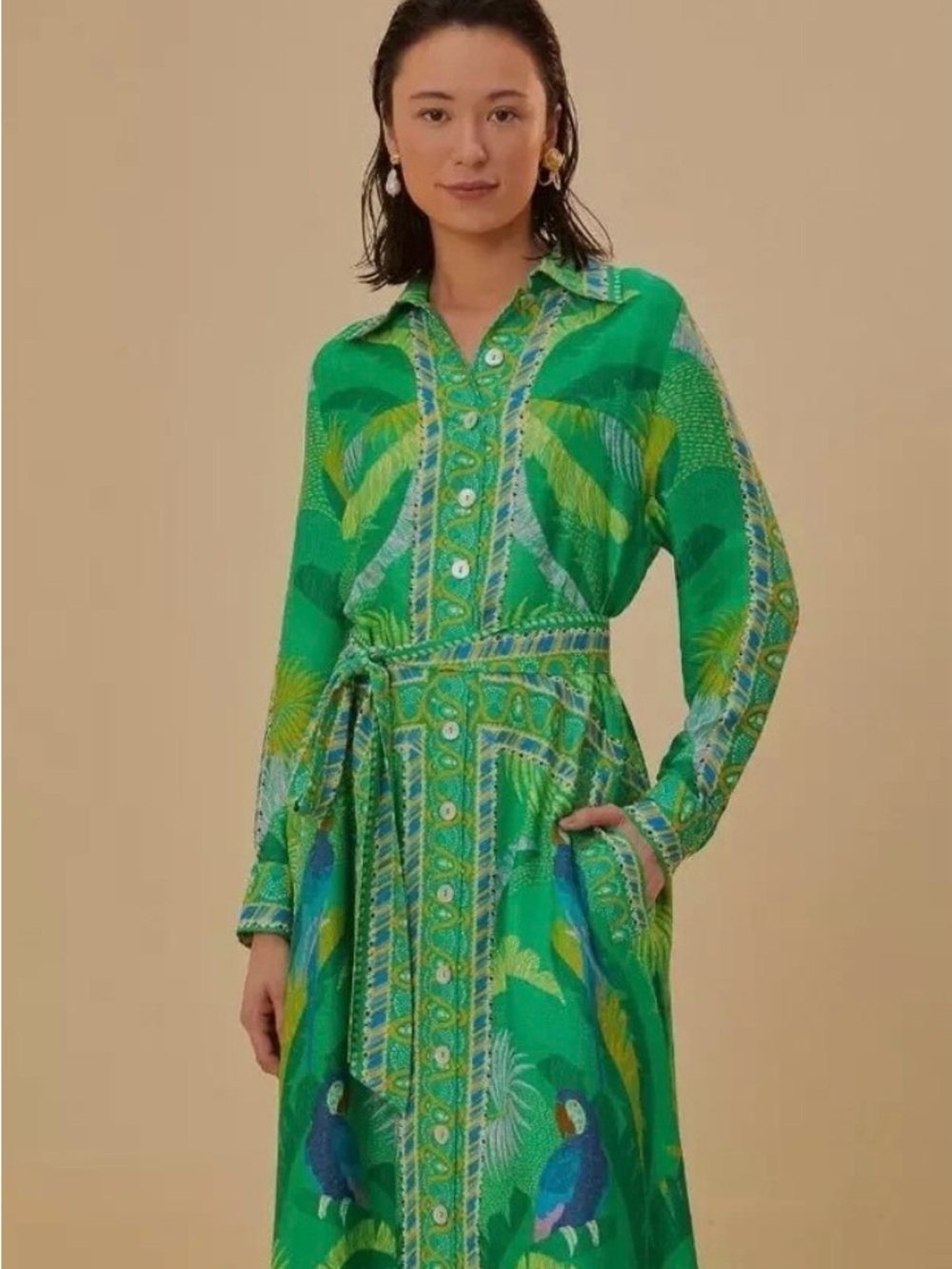 FARM Rio Green Printed Long-Sleeve Shirt Dress with Tie Waist